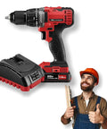 Badass 20V Cordless Drill Driver Kit Featuring Half Inch Quick Lock Chuck And Slick Ergonomic Grip For Knockout Power On Weekend Shop Builds Or Pro Job Site Tasks Compatible With Top Brand Power Tools with battery and smiling worker.