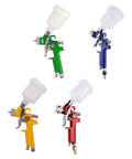 Lightweight Aluminum Pneumatic Paint Sprayer With Mixing Cup For Vehicles And Home Projects in green, yellow, red, and blue.