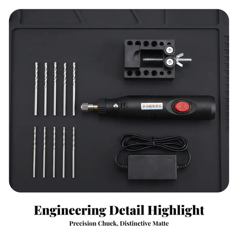 12V Electric Mini Drill Pen With Custom Speed Dial Ergonomic Compact Rotary Tool Lightweight Precision Carving Engraver Zero Grind Build with drill bits and power supply.