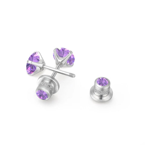 Top Shelf Implant Grade Titanium Screw Back Earrings Hypoallergenic Nickel Free Frame with purple cubic zirconia stones.