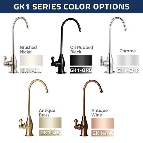 Color options for Heavy Duty Brushed Nickel RO Drinking Water Faucet for Under Sink Filtration Systems, various finishes displayed.