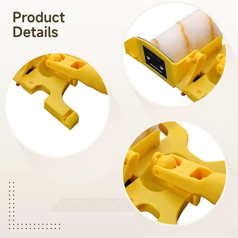 Close-up of No Sweat Paint Roller Set With Adjustable Extension Pole, showing yellow roller frame and clip details.