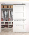 Soft Close Barn Door Slide Hardware Set With 59 Inch Track installed on closet, featuring a white panel door.