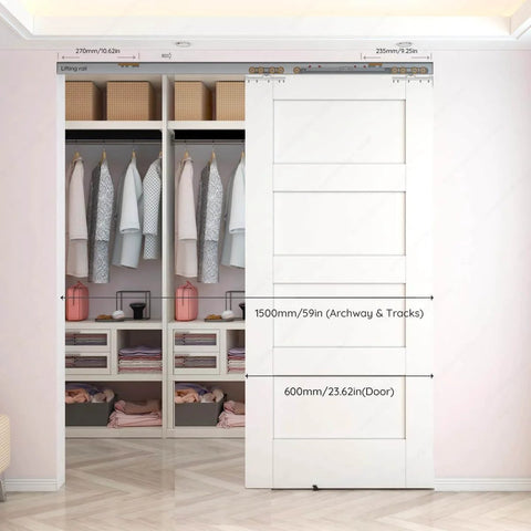 Soft Close Barn Door Slide Hardware Set With 59 Inch Track installed on closet, featuring a white panel door.