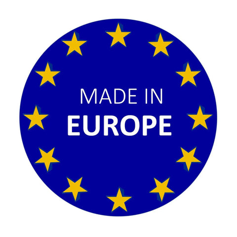 Blue circle badge with European Union stars and text 'Made in Europe'