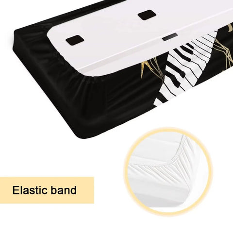 Music Note Design Keyboard Dust Cover For 61 To 76 Key Pianos Soft Cloth Full Coverage Keyboard Protector Two Size Options S For 61 To 76 Keys And L For 88 Keys Keeps Your Board Clean And Dust Free with elastic band detail.