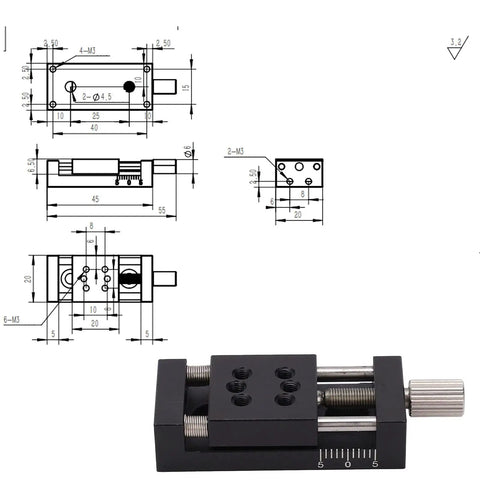 High Precision Aluminum Alloy Linear Stage Actuator featuring manual fine tune platform slider table with precise measurements and design.