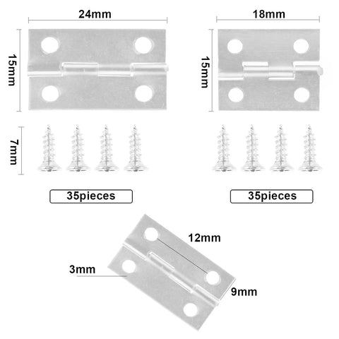 Rock Solid 70 Pcs Mini Hinge Set With 300 Tiny Screws Includes Both 24 X 16 Mm And 18 X 15 Mm Sizes showing sizes and screws