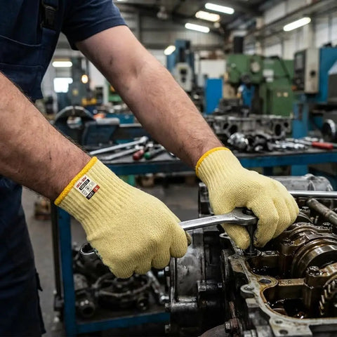 Person wearing Aramid Cut Resistant Gloves With Heat Protection Up To 550F, Thick Knit Gripping Design, working on machinery