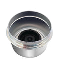 Front view of chrome trailer hub cap with rubber plug, 1.98 inch diameter for 2000–3500 lb axles