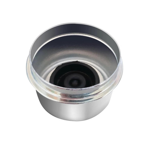 Front view of chrome trailer hub cap with rubber plug, 1.98 inch diameter for 2000–3500 lb axles