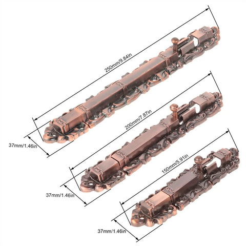 Sliding Door Bolt Lock Barrel Gate Latch Vintage European Zinc Alloy, three sizes 150mm, 200mm, 250mm, detailed design.