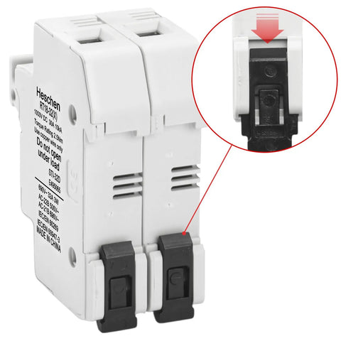 2 Pole DC 1000V Solar Fuse Holder For 10 X 38mm Fuses 35mm DIN Rail Mount CE Listed 32A PV Fuse Block front view
