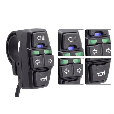 Upgrade Your Ride With This Cool DK336 E-Bike Handlebar Switch That Masters Turn Signals And Front Light Control For Scooters And Trikes. It Rocks Wide Voltage Compatibility At 36V Or 48V To Keep You Rolling Smooth And Safe Without Wiring Chaos. black plastic handlebar switch with horn, light and turn signal buttons