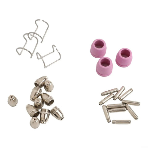 26-Pack Plasma Cutter Consumables Kit For AG60 SG55 CUT55 with copper nozzles, pink shield cups, and wire guides.
