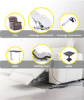 Electric sofa with reclining mechanism, folding chair, massage instruments, and power supply cord visible.