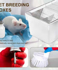 Rock Solid Lab Mouse Cage For Rat Breeding With Bulletproof Wire Lid Built Durable Small Animal Habitat Featuring Foldable Food Divider, includes a mouse and water bottle.