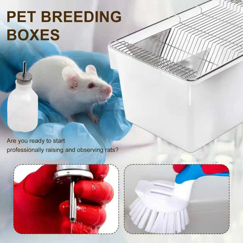 Rock Solid Lab Mouse Cage For Rat Breeding With Bulletproof Wire Lid Built Durable Small Animal Habitat Featuring Foldable Food Divider, includes a mouse and water bottle.