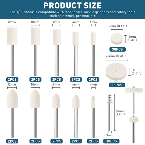 80 Pieces Wool Felt Buffing Wheel Set For Rotary Tool With 1 8th Inch Shank showing multiple sizes and shapes