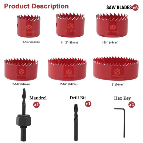 Nine Piece Hole Saw Set With Mandrel, Drill Rod, Hex Wrench, Spare Drill Bit, And Case for Soft Wood PVC Plywood with saws and tools.