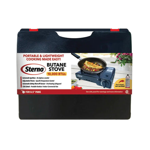 Portable Butane Stove With Ten Thousand BTU Single Burner For Indoor And Outdoor Cooking in carrying case packaging