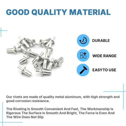 Close-up of 60 Piece Hammer Drive Rivets Aluminum Core Set With Round Head Blind Rivets M5 for wood and metal projects.