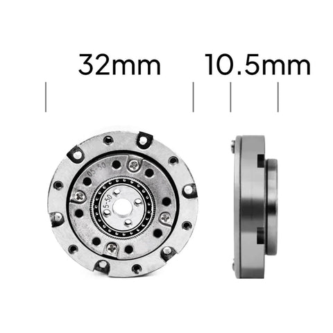 Front and side view of Mini Hollow 8 Pole BLDC Motor Speed Reducer Gearbox 50 to 1 Strain Wave Harmonic Reducer 28mm shaft.