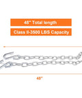 3/16 X 48 Inch Grade 30 Steel Trailer Safety Chain With Clevis Grab Hooks, 3500 Lb WLL, shows length and capacity
