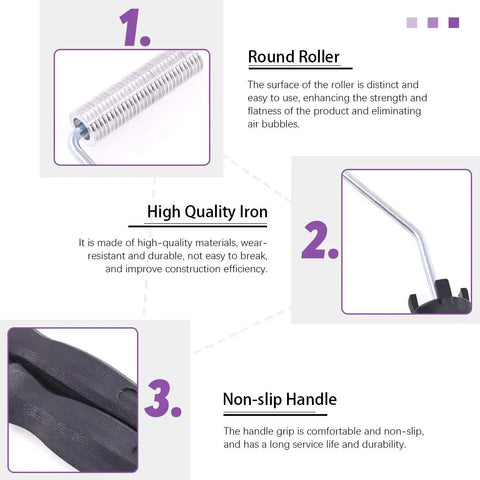 Detail view of 4 Piece Fiberglass Roller Tool Set With Detail Brushes And Pro Grade Glove Kit, showing round roller, iron, and handle features.