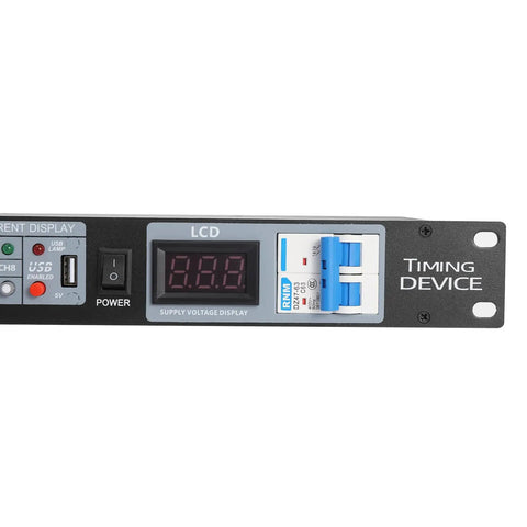 Hella Reliable 10 Outlet Power Sequencer Conditioner With 2000 Watt Surge Protection For Pro Audio Studios And Home Theater Digital Voltmeter Display Plus Quick Charge USB Ports Built Tough To Eliminate Gear Killers LCD voltage display and USB port interface.