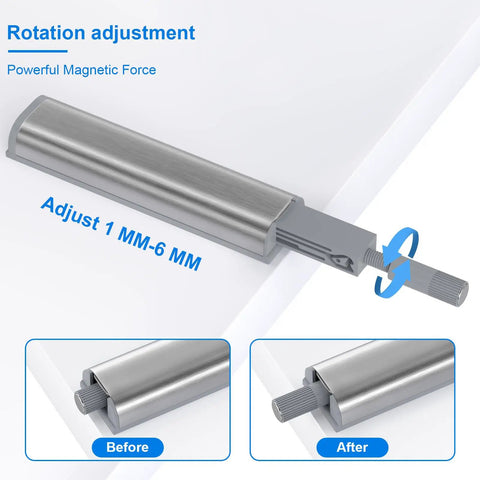 Slick Six Pack Push To Open Cabinet Latches With Integrated Magnetic Springs showing rotation adjustment feature and power details.