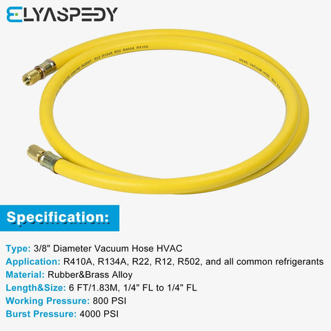 HVAC vacuum hose, 3/8 in diameter, 6 ft long, yellow, 1/4 in flare-to-flare ends, 800 PSI working pressure