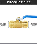 Two Pack Three Quarter Inch Push Fit Ball Valve Full Port Shut Off For Hot And Cold Water Includes Disconnect Clip Compatible With PEX Copper CPVC Blue Durable, brass valve with blue handle, side view