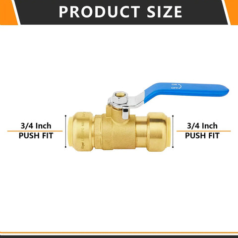 Two Pack Three Quarter Inch Push Fit Ball Valve Full Port Shut Off For Hot And Cold Water Includes Disconnect Clip Compatible With PEX Copper CPVC Blue Durable, brass valve with blue handle, side view