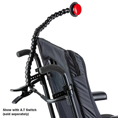 Assistive Tech Spring Clamp Kit with 24 inch flexible hose arm mounted on wheelchair with red switch, fully adjustable