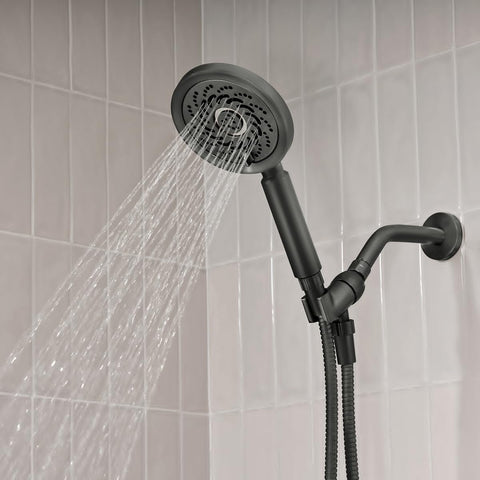 Neo Exhilaration High Pressure Handheld Shower Head With 2 GPM Flow Matte Black Adjustable Spray in use on tiled wall
