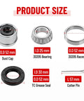 Two Pack 30205 Trailer Bearings Kit with Races and TC 30x52x10mm Seals Dust Covers and Cotter Pins for 25mm Axles product size diagram