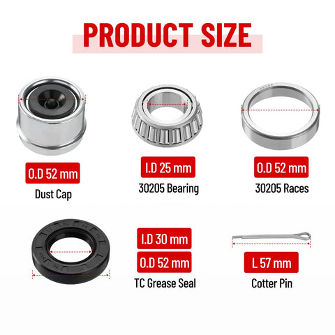 Two Pack 30205 Trailer Bearings Kit with Races and TC 30x52x10mm Seals Dust Covers and Cotter Pins for 25mm Axles product size diagram