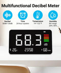 5 In 1 Decibel Meter With 8.6 Inch HD LCD Display Desktop Sound Level Meter 30 To 130 dB Temperature Humidity Clock Time For Classroom Studio Home Factory Use, black