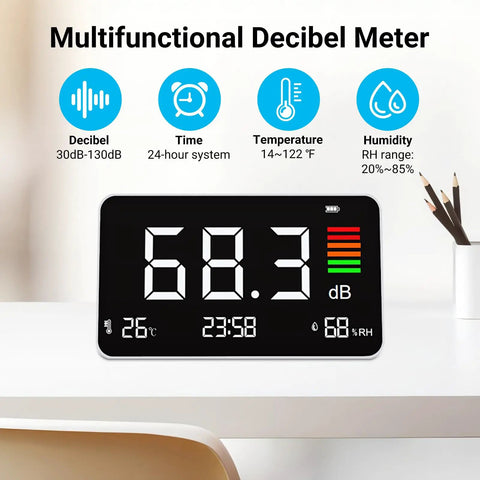 5 In 1 Decibel Meter With 8.6 Inch HD LCD Display Desktop Sound Level Meter 30 To 130 dB Temperature Humidity Clock Time For Classroom Studio Home Factory Use, black