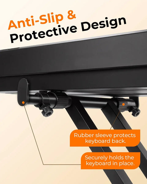 Close-up of Rock Solid Keyboard Stand And Bench Set And Double X Piano Stand with protective rubber sleeve and secure hold clamps.