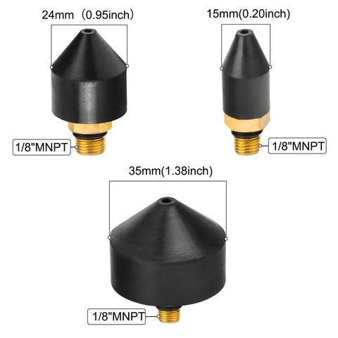 Three Piece One Eighth Inch Rubber Tip Set For Air Blow Gun With Brass Fittings, 15mm, 24mm, 35mm Nozzles shown
