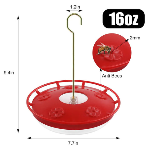 Two Pack 16oz Leak Proof Dish Style Hummingbird Nectar Feeder With Built In Ant Moat Five Feeding Ports Wide Mouth For Easy Clean BPA Free Outdoor Garden Decor Gift, red hummingbird feeder front view with ant moat and bee protection