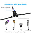 Fastlock Outdoor Low Voltage Landscape Light Connectors 16 Pack shown with compatible wire gauge options.