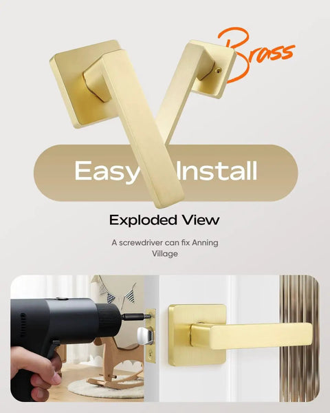 Exploded view of Three Pack Premium Gold Lever Door Handles with easy installation instruction and brass finish.