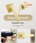 Exploded view of 6 Pack Keyless Interior Door Handles With Passage Door Lever In Light Satin Brass Finish, easy installation shown.