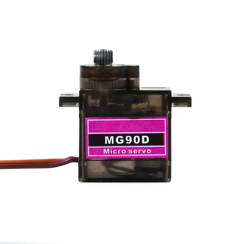 Front view of MG90D 9g Digital Micro Servo with metal gear for RC planes, helicopters, boats, and cars, featuring high torque upgrade.