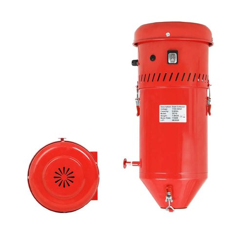 Beast 1.6 HP Industrial Dust Collector With 1.8 Gallon Tank, front and top view, red color, fits sandblasting cabinets and media blasters.