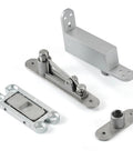Self Closing Door Pivot Hinges For Home And Commercial Wood Doors Heavy Duty Hidden Stainless Steel Pivot Hinges With 360 Degree Shaft Invisible Pivot System Adjustable 2 Way Stops At 90 And 105 Degrees And Easy Install laid out on white background.