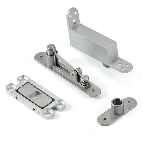Self Closing Door Pivot Hinges For Home And Commercial Wood Doors Heavy Duty Hidden Stainless Steel Pivot Hinges With 360 Degree Shaft Invisible Pivot System Adjustable 2 Way Stops At 90 And 105 Degrees And Easy Install laid out on white background.